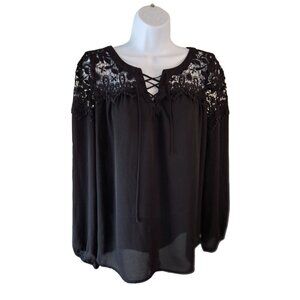 Express Lace Up Blouse Sheer Long Sleeves Lace Detail Womens Large Black